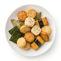 top view of senbei on plate isolated on white background 