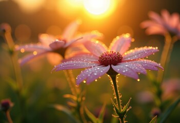 Close-Up High-Definition Dew-Covered Wildflowers Beautifully Illuminated by Sunrise Glowing Petals Nature's Marvel Refreshing Details