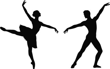 Elegant ballet dancers in silhouette pose with graceful movement and form