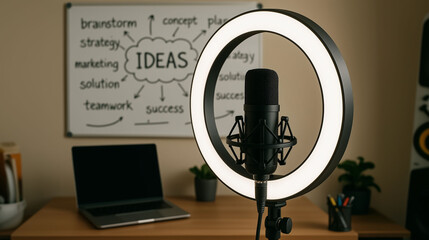 podcast setup with ring light microphone and laptop in home office studio with whiteboard showing creative ideas brainstorming for content creation and online communication