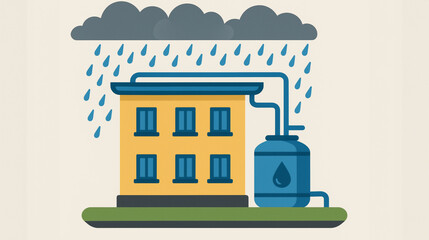 Naklejka premium rain water harvesting system illustration showing building with tank collecting rainfall for sustainable conservation storage and reuse of natural water resource