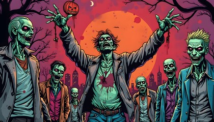 Zombie gathering under a full moon in a cityscape with a pumpkin lantern backdrop during Halloween Generative AI
