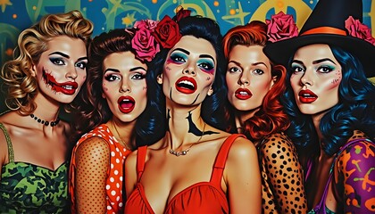 Fototapeta premium Group of five women dressed in colorful costumes celebrating a fun themed party during Halloween night in a vibrant setting Generative AI