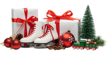 Christmas gifts and ice skates with ornaments isolated on transparent background for holiday themes