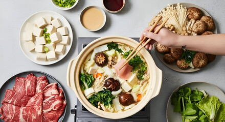 Shabu Shabu Hotpot with Fresh Ingredients Tofu Mushrooms and Greens
