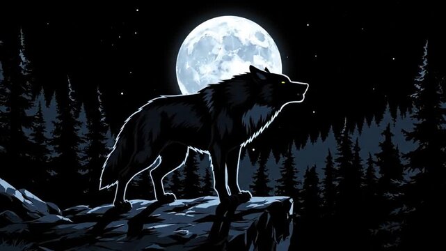Majestic black wolf howling on a rocky cliff under a luminous full moon in a dark mysterious pine forest night Stylized wilderness nature illustration