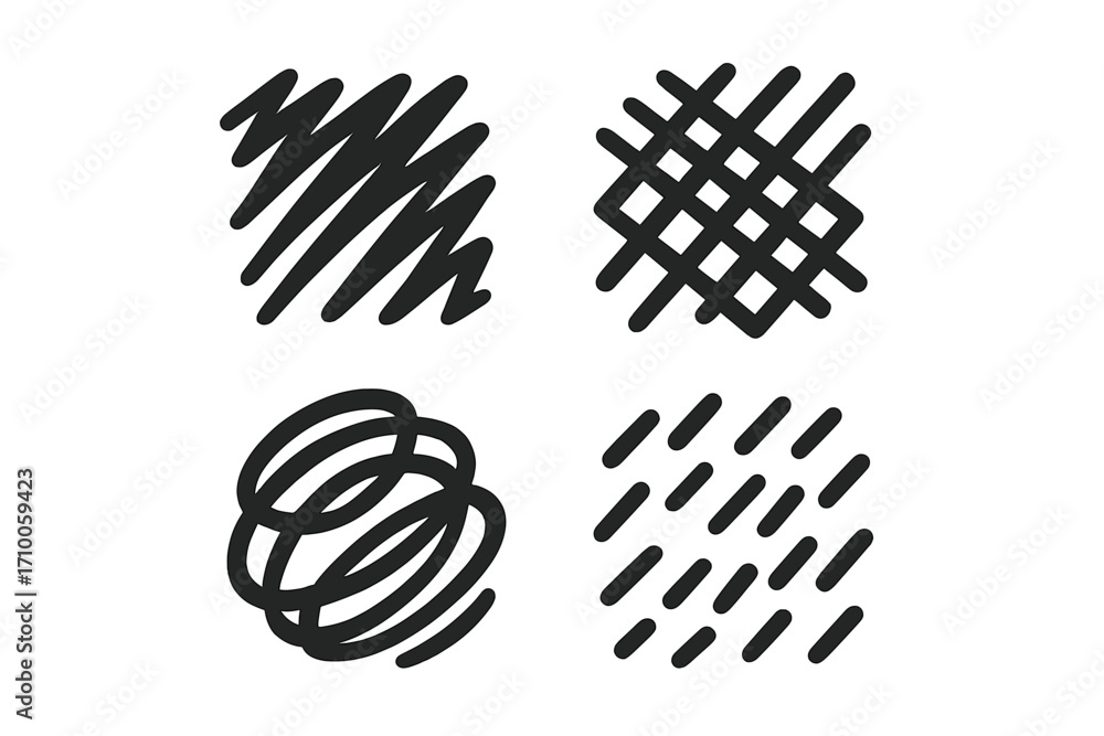 Poster variety of abstract shapes created with black lines and textures showcasing simple artistic designs 