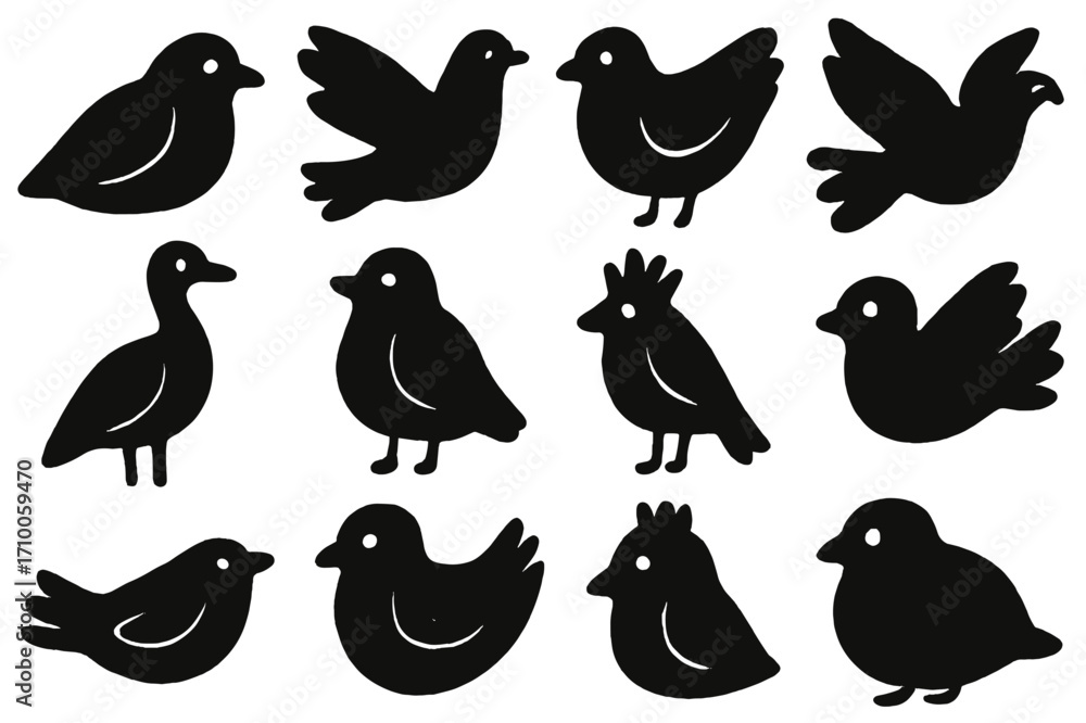 Poster collection of simple black bird silhouettes in various poses and shapes arranged in two rows against