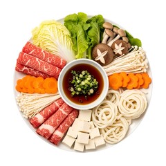 top view of shabu shabu on plate on white background 