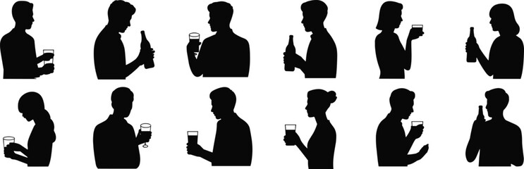 Drink gesture silhouette illustrations, beverage interaction icons, black and white clipart, social behavior poses, lifestyle bundle set, vector pack