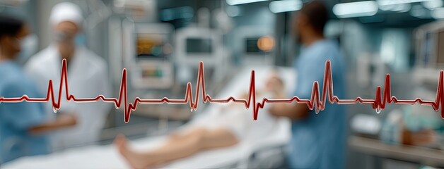 Heartbeat monitor shows vital signs of a patient receiving care in a hospital emergency room with medical staff in attendance