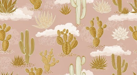 Whimsical gold cactus and fluffy cloud seamless pattern on a soft pink background