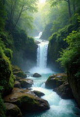 Obraz premium Dynamic Waterfall Cascading Over Mossy Boulders Amidst Lush Greenery in a Tranquil Forest Setting