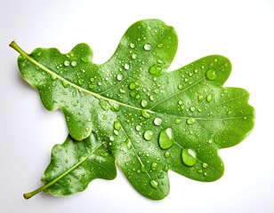 Dew-Covered Oak Leaf on White