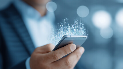 Businessman using smartphone with digital effect overlay, symbolizing technology, innovation, communication and modern business environment.