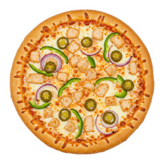 Freshly baked spicy chicken pizza, golden crust, melted mozzarella, chicken, red onion, bell pepper, jalape&ntilde;o, on transparent background for copy space, concept for food advertising