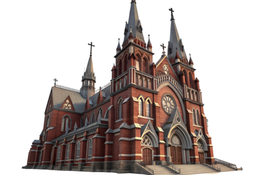 An ornate brick church with multiple spires isolated on transparent background