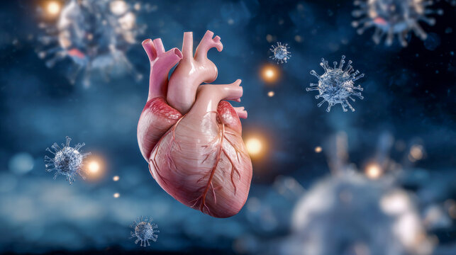 Human heart anatomy illustration surrounded by floating virus particles, showcasing the intricate details of the heart structure in a dramatic, scientific environment - Powered by Adobe