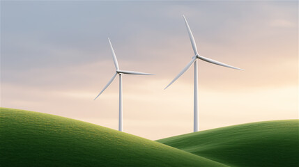 Wind turbines on green hills at sunset, symbolizing renewable energy, environment, sustainability and clean technology in natural landscape.