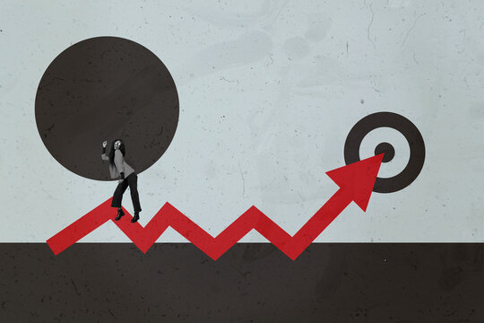 Collage with person observing rising arrow symbolizing startup growth business income statistics trading decrease increase