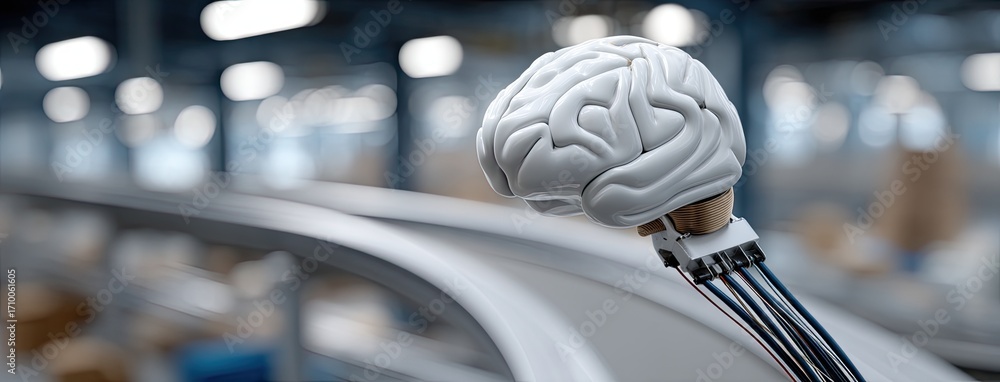 Poster robot arm with a human-like brain holds wires in a modern factory setting focused on automation and 