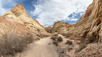 Fototapeta premium Scenic desert canyon trail with colorful sandstone formations under a blue sky.