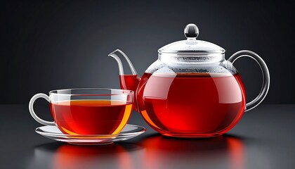 Glass tea kettle and cup on dark surface
