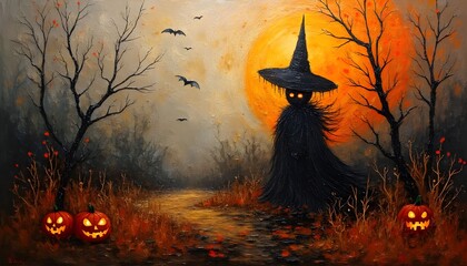 Charming Halloween scene with a witch, glowing pumpkins, and bats under an orange sunset sky Generative AI
