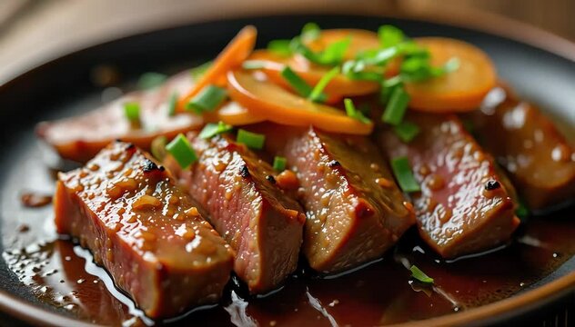 Close up of bistek Tagalog showing tender beef slices coated with glossy soy marinade and onions 