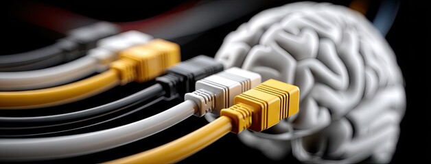 Connections between technology and human intellect showcase the integration of cables and a sculpted brain design
