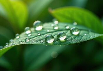 Glistening Dew on Lush Green Leaves Close-Up Nature Beauty Macro Photography