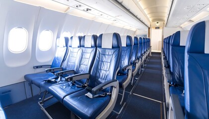 Empty airplane cabin with blue seats