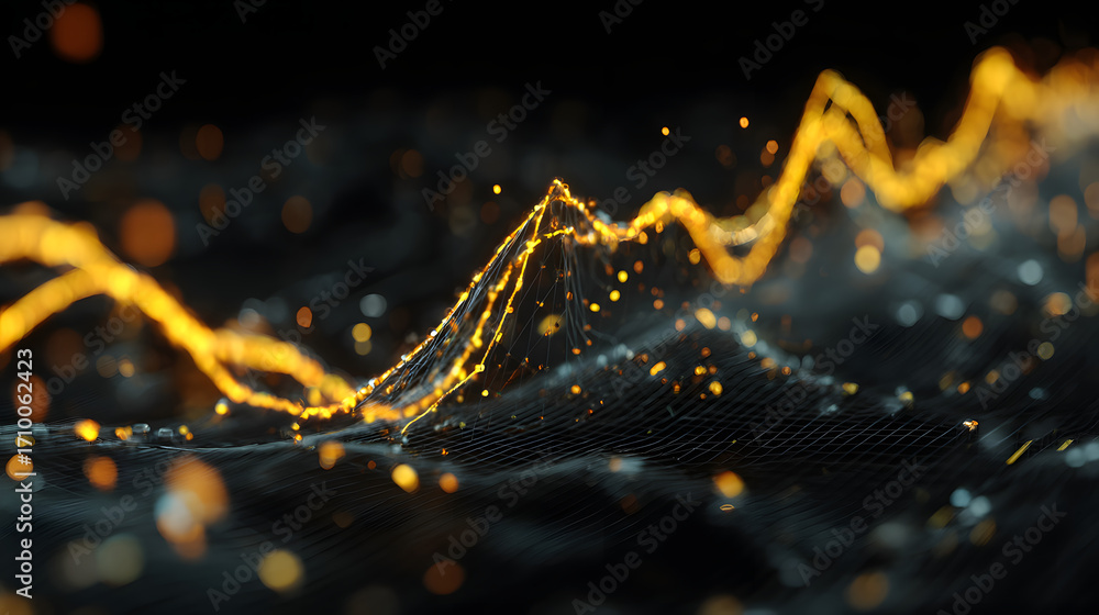 Poster digital landscape: an abstract, digital landscape. its dynamic flow of interconnected golden lines a