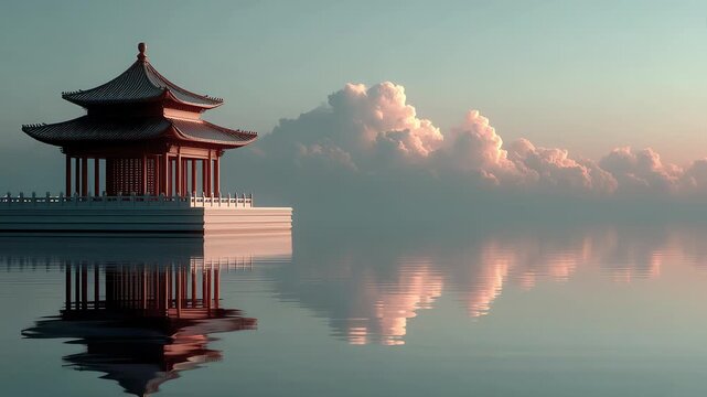 Ancient Architecture Reflection and Clouds Compose a Beautiful Picture on the Lake