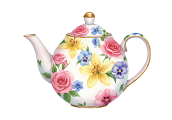 Watercolor Floral Teapot Illustration featuring Pink Roses, Yellow Lilies, and Pansies. Perfect Decorative Element for Tea Time, Kitchen, or Vintage Design.