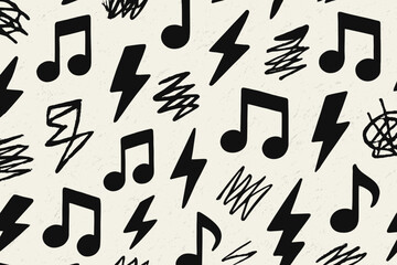 Design featuring black music notes and lightning bolts on a light background that captures energy and rhythm