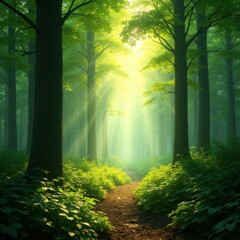 Obraz premium Lush Green Forest Canopy Vibrant Leaves Sunlight Through Trees Nature View Blissful Serenity