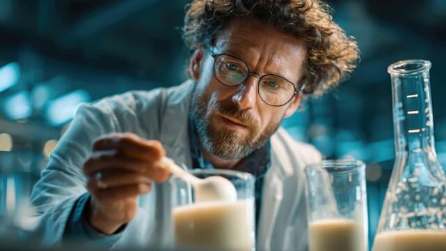 Scientist in Laboratory Conducting Experiment with Beakers and Glassware, Analyzing Chemical Reactions and Formulations for Research and Development