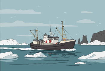 A weathered fishing trawler navigates icy waters near a rugged coastline.  Clean lines, modern illustration style.  Perfect for nautical or adventure themes.