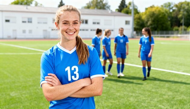 Young woman in blue soccer jersey stands confidently on a sunny field.