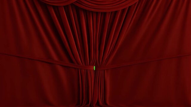 Red theater curtains drawn apart to reveal a bright green screen.