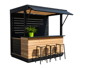 A modern outdoor bar with stools stands isolated on transparent background, ready for entertaining