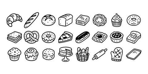 Bakery doodle icon set. Cute hand drawn sketch illustrations of bread, donut, muffin, cinnamon, toast, baguette, croissant, cupcake and tart. Black and white cartoon art for baking and pastry.