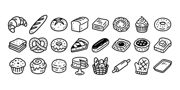 Bakery doodle icon set. Cute hand drawn sketch illustrations of bread, donut, muffin, cinnamon, toast, baguette, croissant, cupcake and tart. Black and white cartoon art for baking and pastry.
