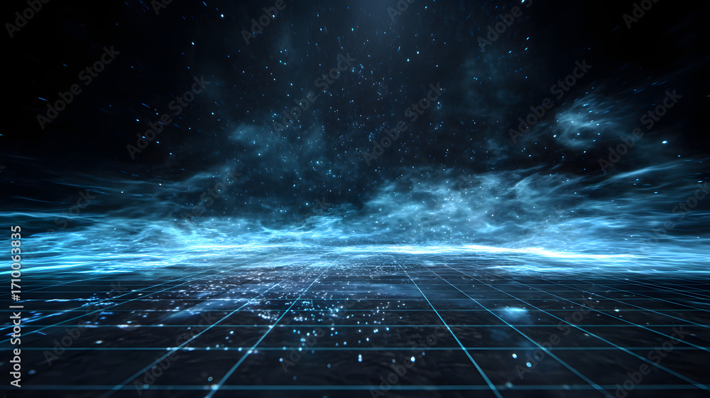 Poster digital cosmos: the digital landscape shimmers with particles, capturing an ethereal space with glow