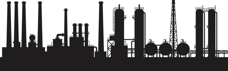 Industrial factory silhouette, pollution, petrochemical plant, manufacturing, environmental impact, energy production, chemical processing, smokestacks, heavy 
