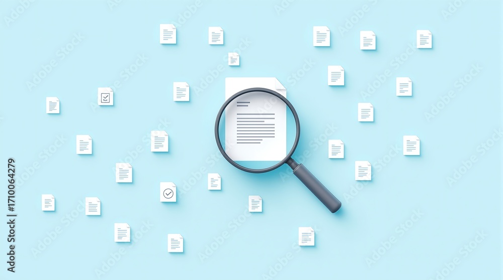 Aufkleber document search with magnifying glass for file management and data analysis on blue background conce