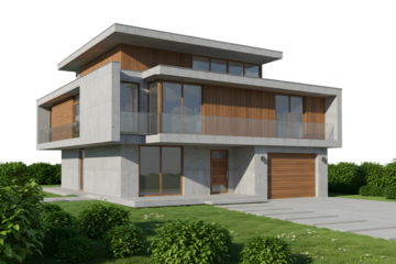 Modern twostory house with a flat roof and a combination of wood and concrete isolated on transparent background