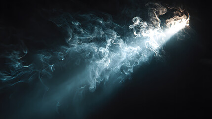 Mystical Aura: Captivating wisps of smoke gracefully dance across a deep space, illuminated by a single beam of light, creating an atmosphere of intrigue and mystery.