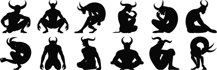 Horned humanoid silhouette illustrations, MBTI personality icons, black clipart, seated poses, archetype bundle set, vector pack